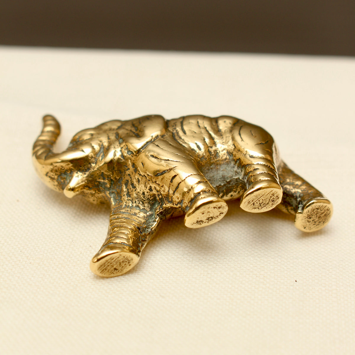 Vintage Solid Brass Miniature Elephant Figurine - Lucky Trunk-Up Pocket Ornament