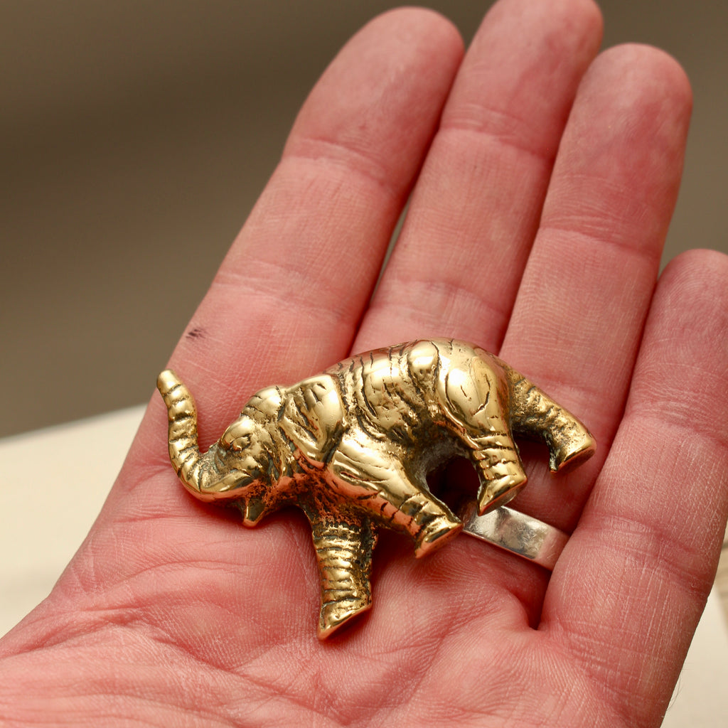 Vintage Solid Brass Miniature Elephant Figurine - Lucky Trunk-Up Pocket Ornament