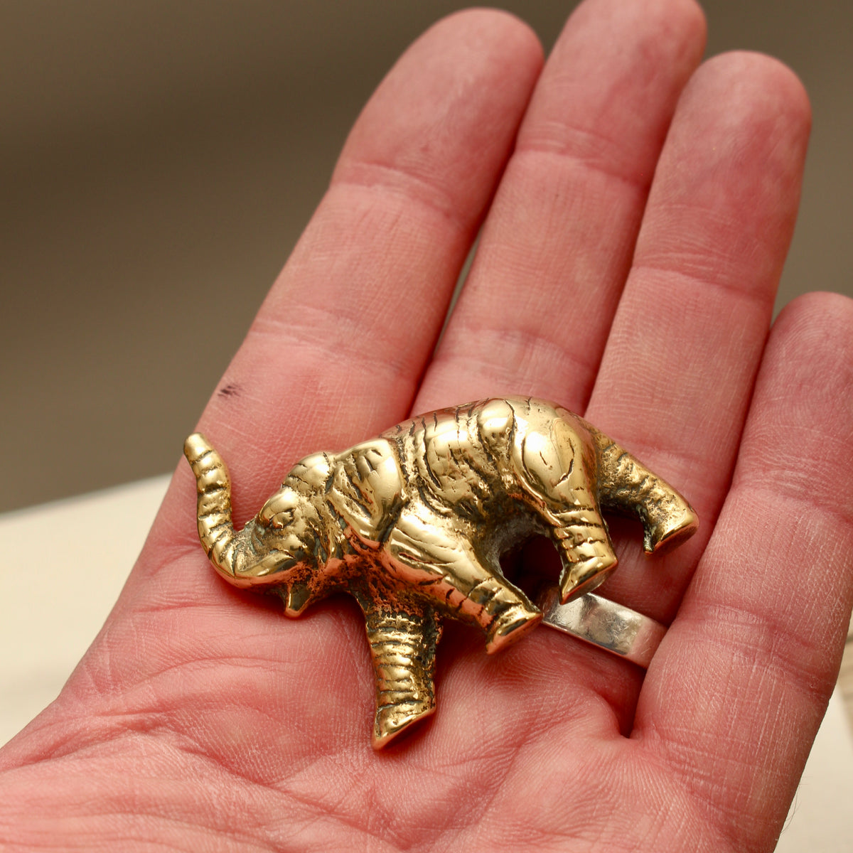 Vintage Solid Brass Miniature Elephant Figurine - Lucky Trunk-Up Pocket Ornament
