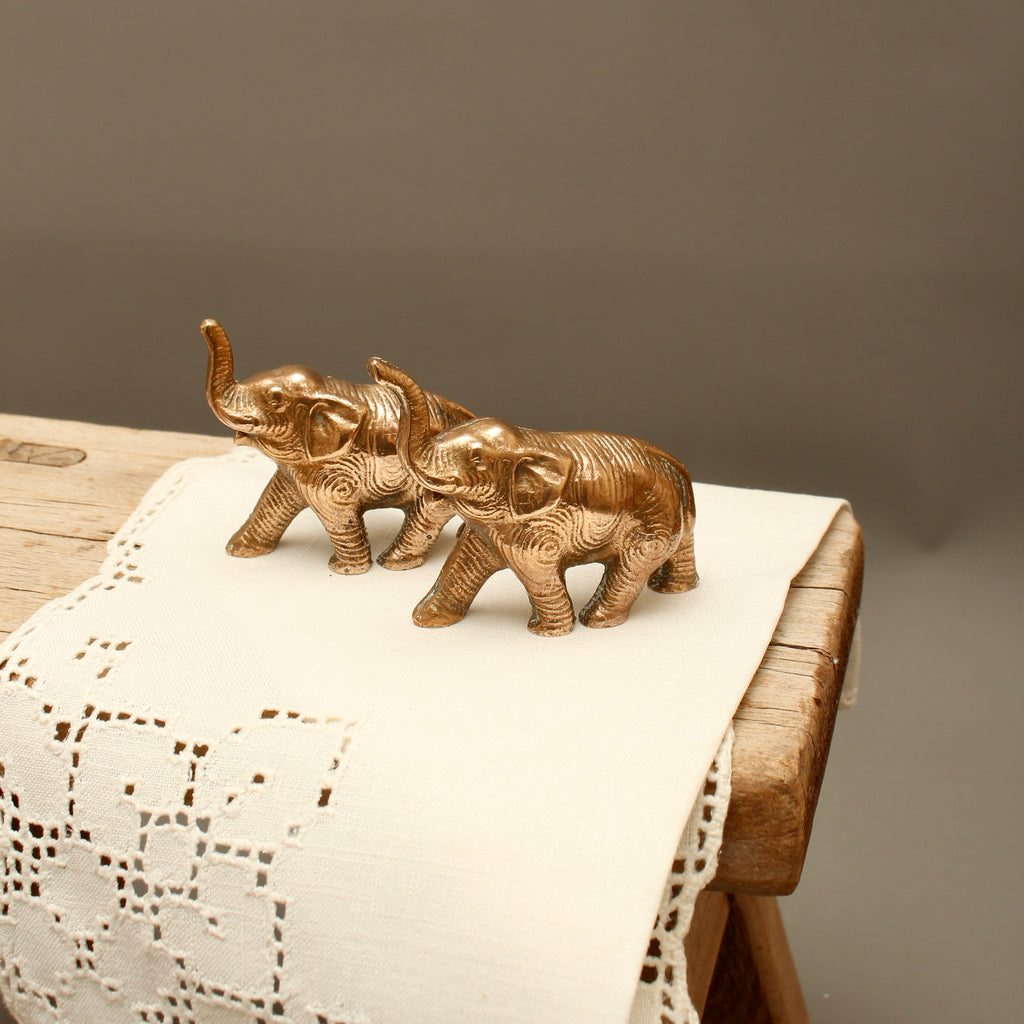 Pair of Vintage Solid Cast Metal Lucky Elephant Figurines - Patinated Souvenir Ornaments