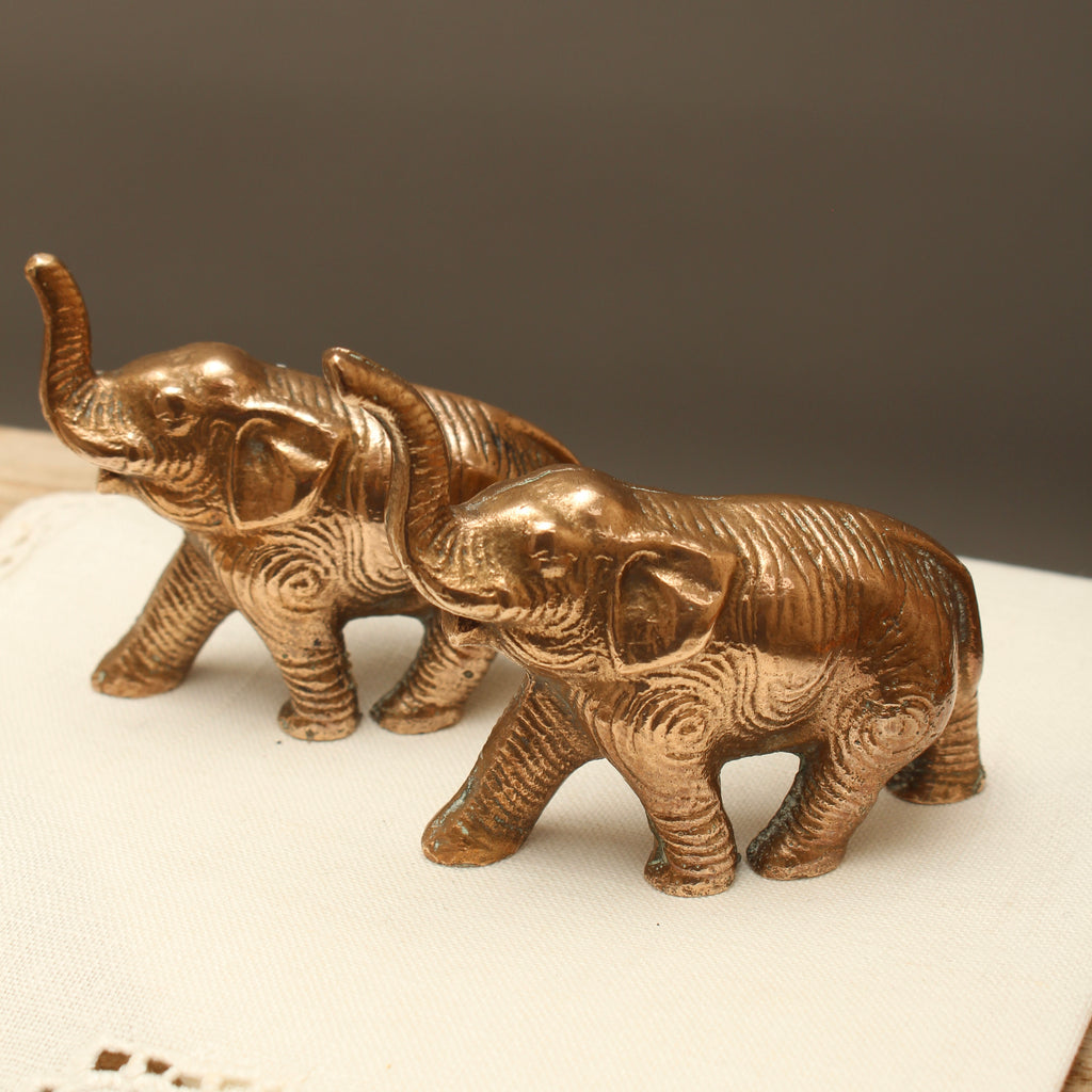 Pair of Vintage Solid Cast Metal Lucky Elephant Figurines - Patinated Souvenir Ornaments