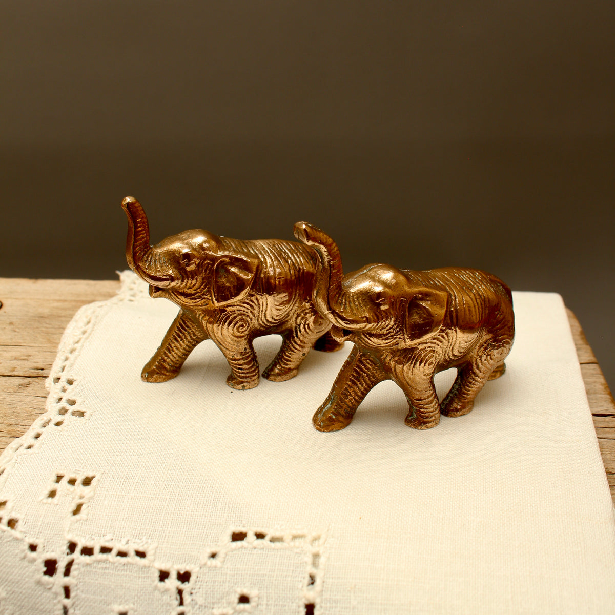 Pair of Vintage Solid Cast Metal Lucky Elephant Figurines - Patinated Souvenir Ornaments