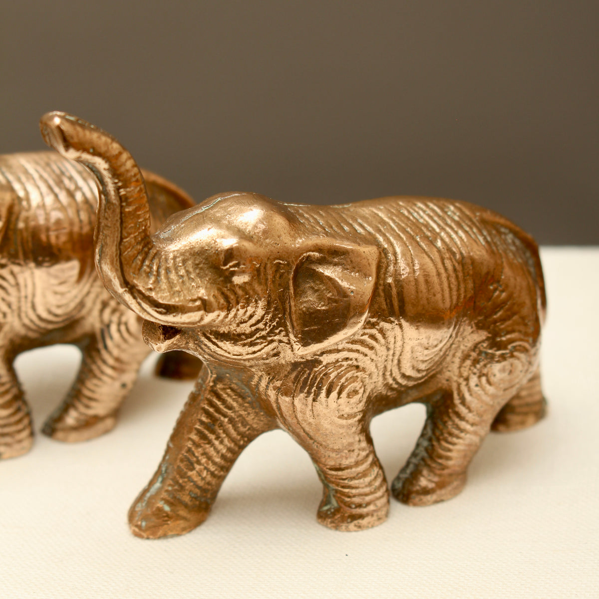 Pair of Vintage Solid Cast Metal Lucky Elephant Figurines - Patinated Souvenir Ornaments