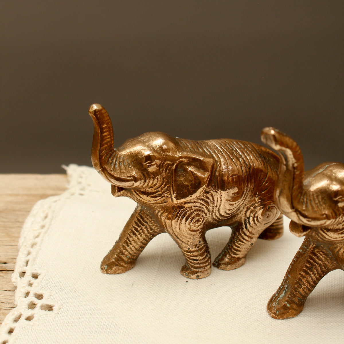 Pair of Vintage Solid Cast Metal Lucky Elephant Figurines - Patinated Souvenir Ornaments