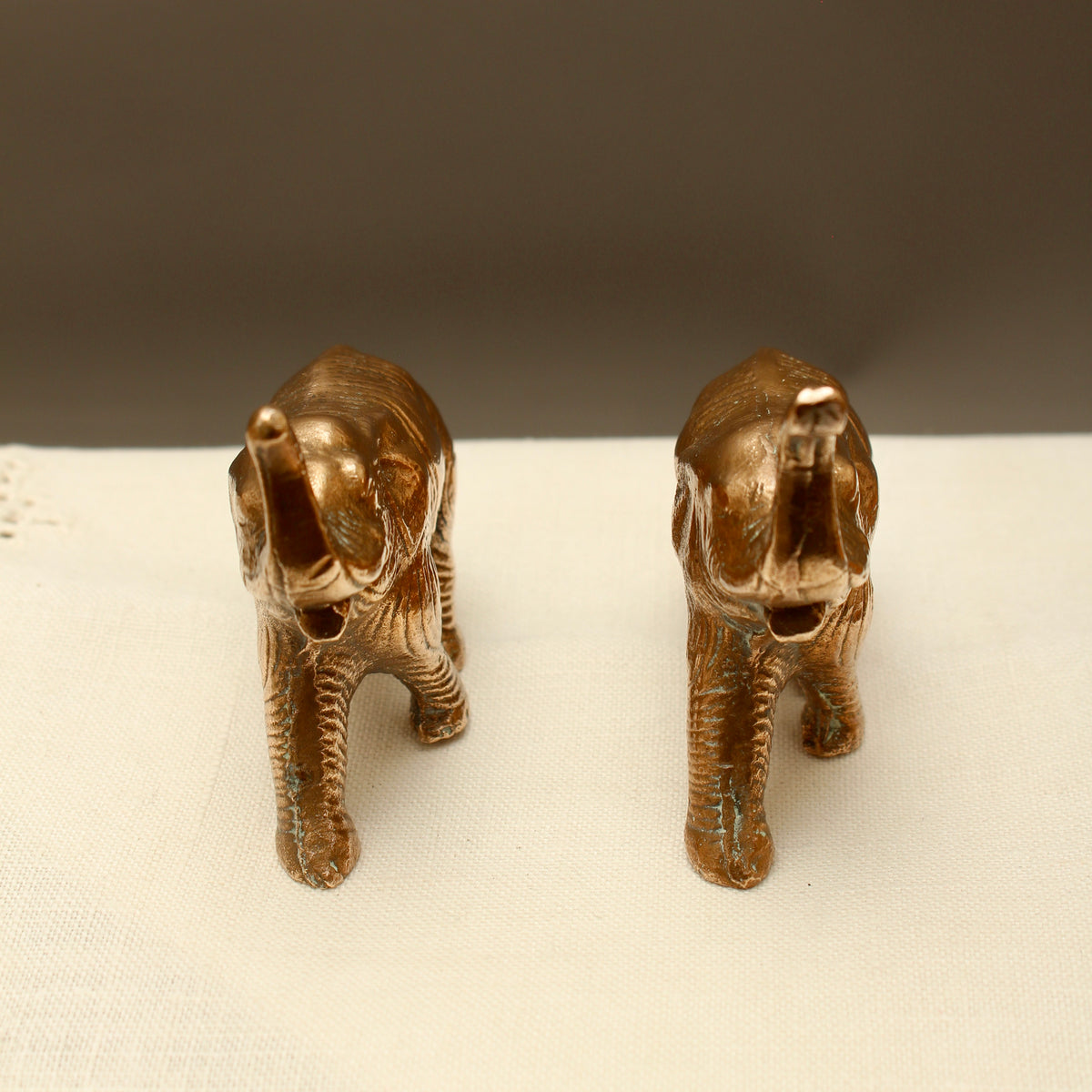 Pair of Vintage Solid Cast Metal Lucky Elephant Figurines - Patinated Souvenir Ornaments
