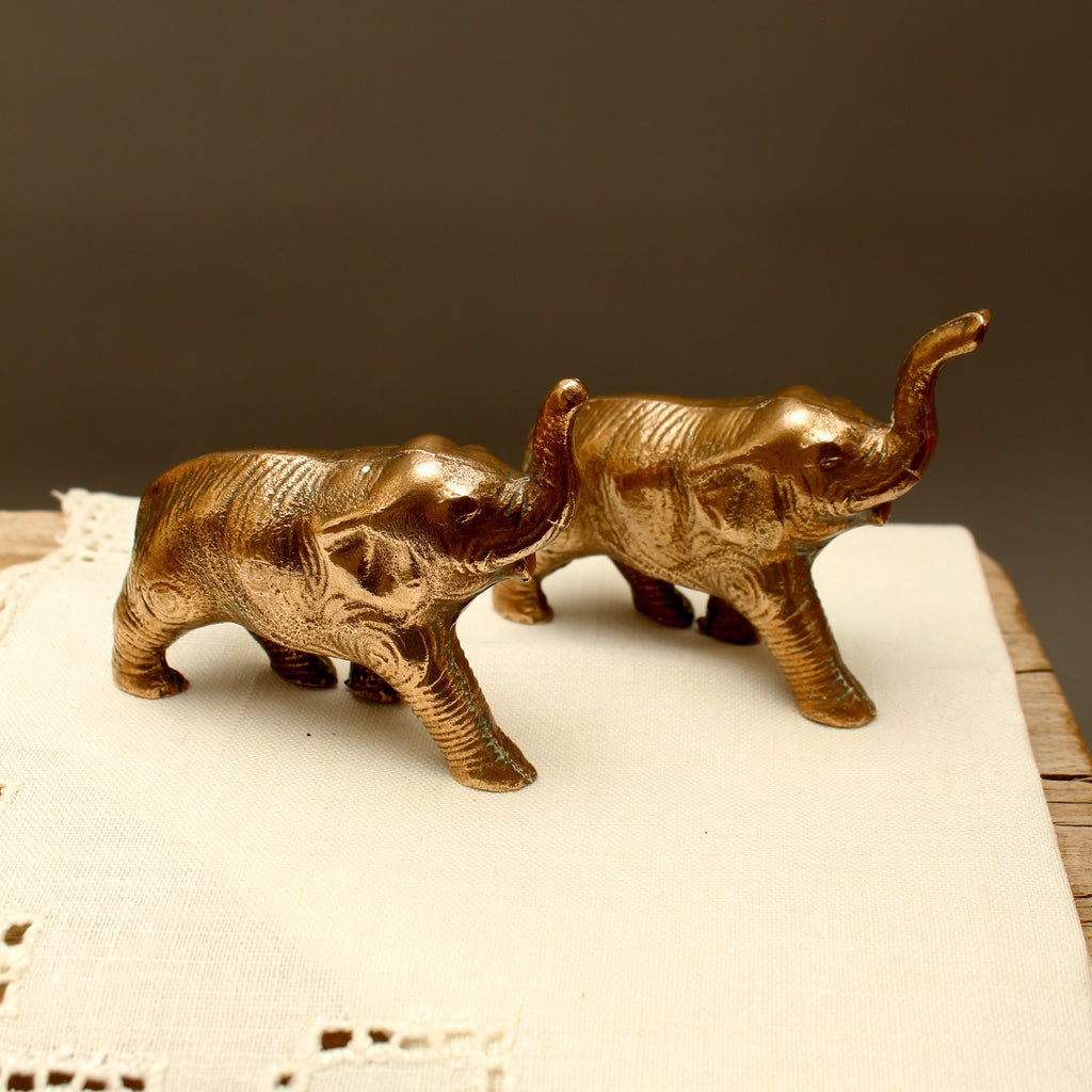 Pair of Vintage Solid Cast Metal Lucky Elephant Figurines - Patinated Souvenir Ornaments