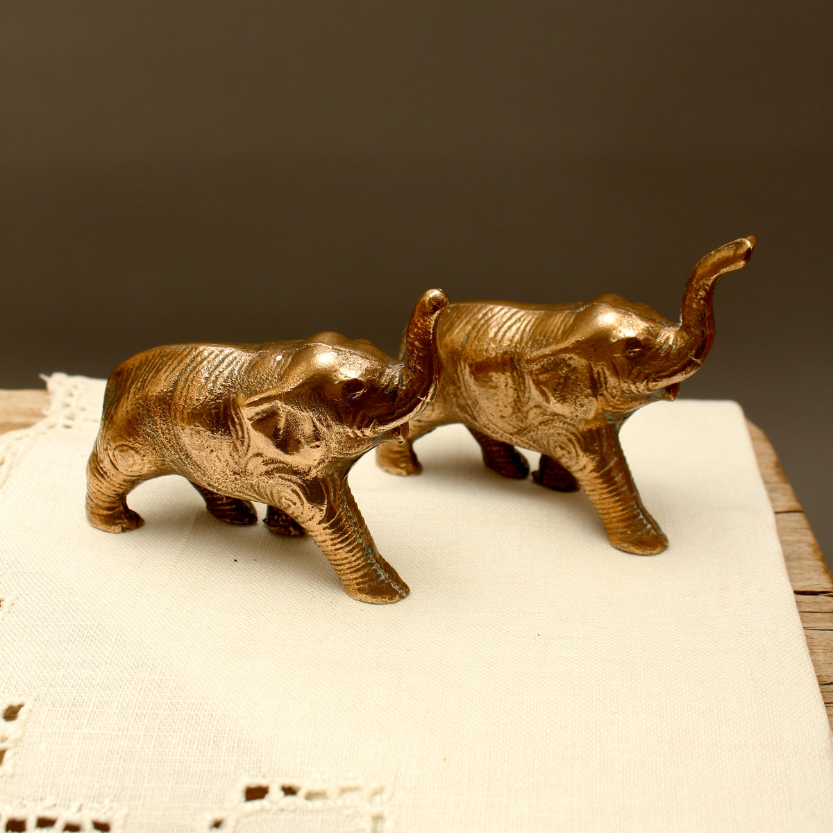 Pair of Vintage Solid Cast Metal Lucky Elephant Figurines - Patinated Souvenir Ornaments