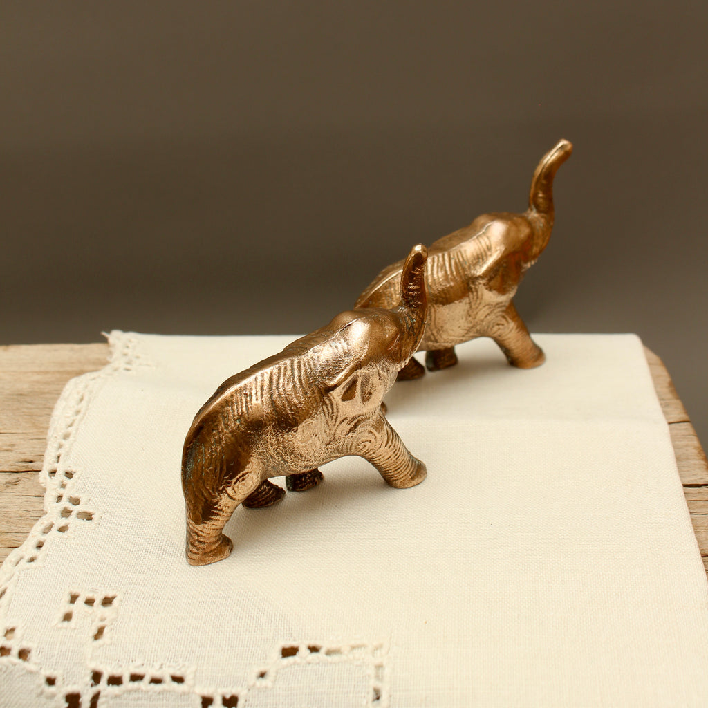 Pair of Vintage Solid Cast Metal Lucky Elephant Figurines - Patinated Souvenir Ornaments