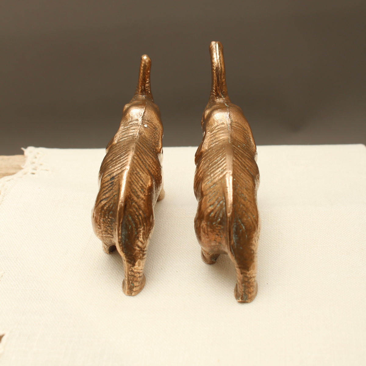 Pair of Vintage Solid Cast Metal Lucky Elephant Figurines - Patinated Souvenir Ornaments