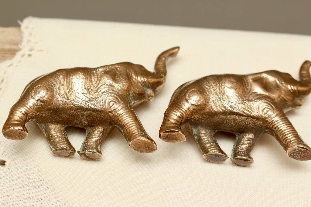 Pair of Vintage Solid Cast Metal Lucky Elephant Figurines - Patinated Souvenir Ornaments