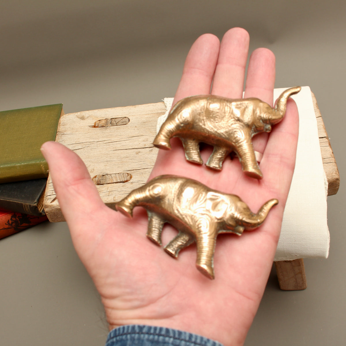Pair of Vintage Solid Cast Metal Lucky Elephant Figurines - Patinated Souvenir Ornaments