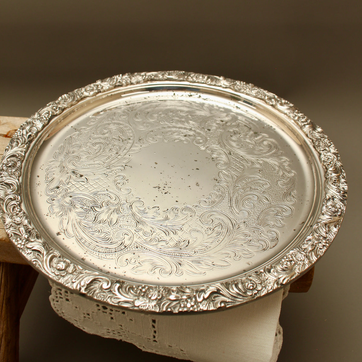 Vintage Hart's of Sheffield Silver on Copper Tray - Chased Chippendale Style Drinks Salver