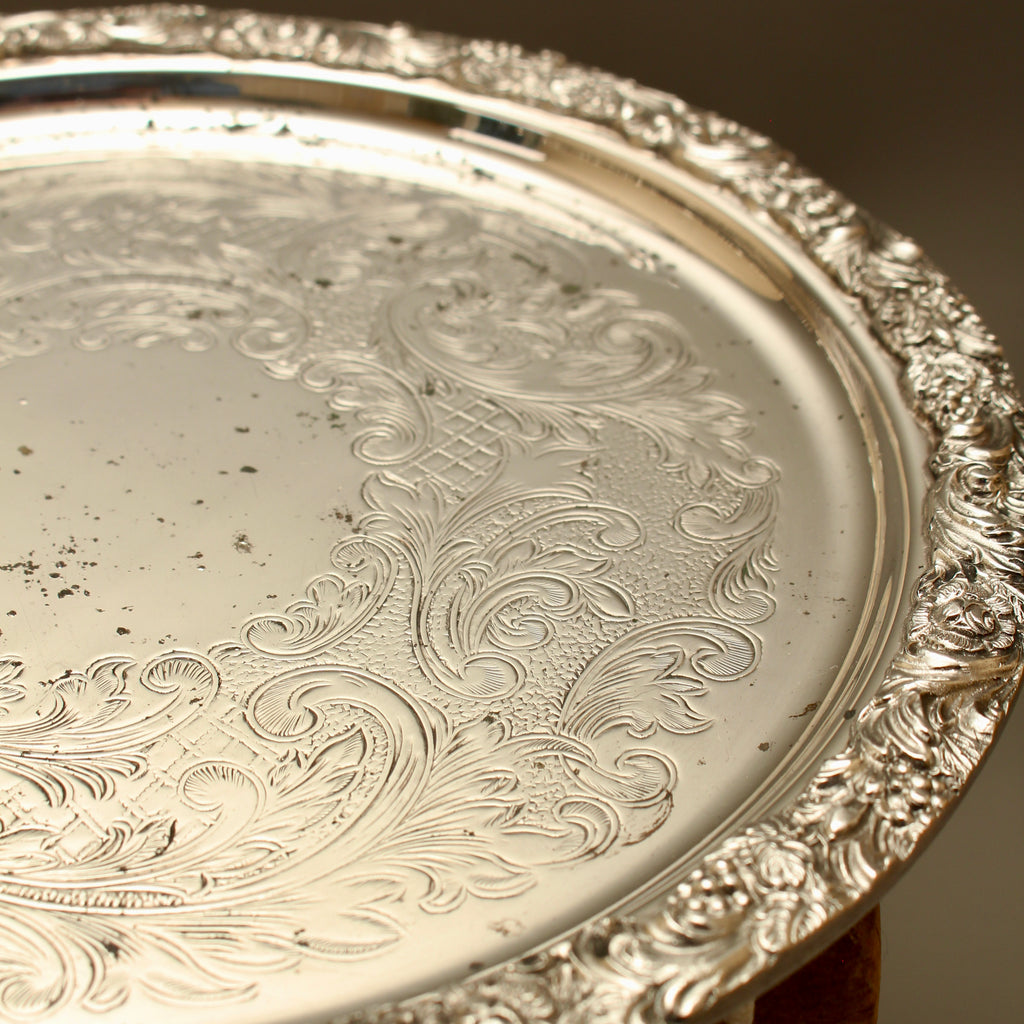 Vintage Hart's of Sheffield Silver on Copper Tray - Chased Chippendale Style Drinks Salver