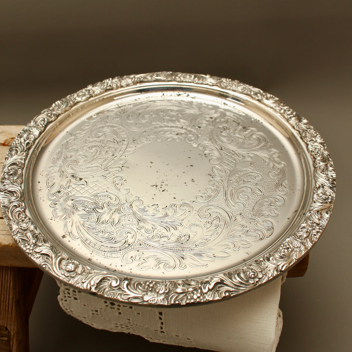 Vintage Hart's of Sheffield Silver on Copper Tray - Chased Chippendale Style Drinks Salver