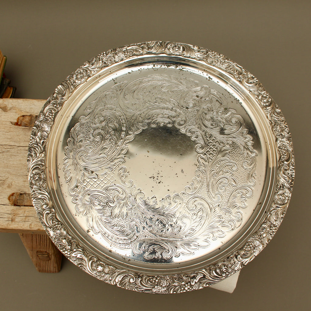 Vintage Hart's of Sheffield Silver on Copper Tray - Chased Chippendale Style Drinks Salver