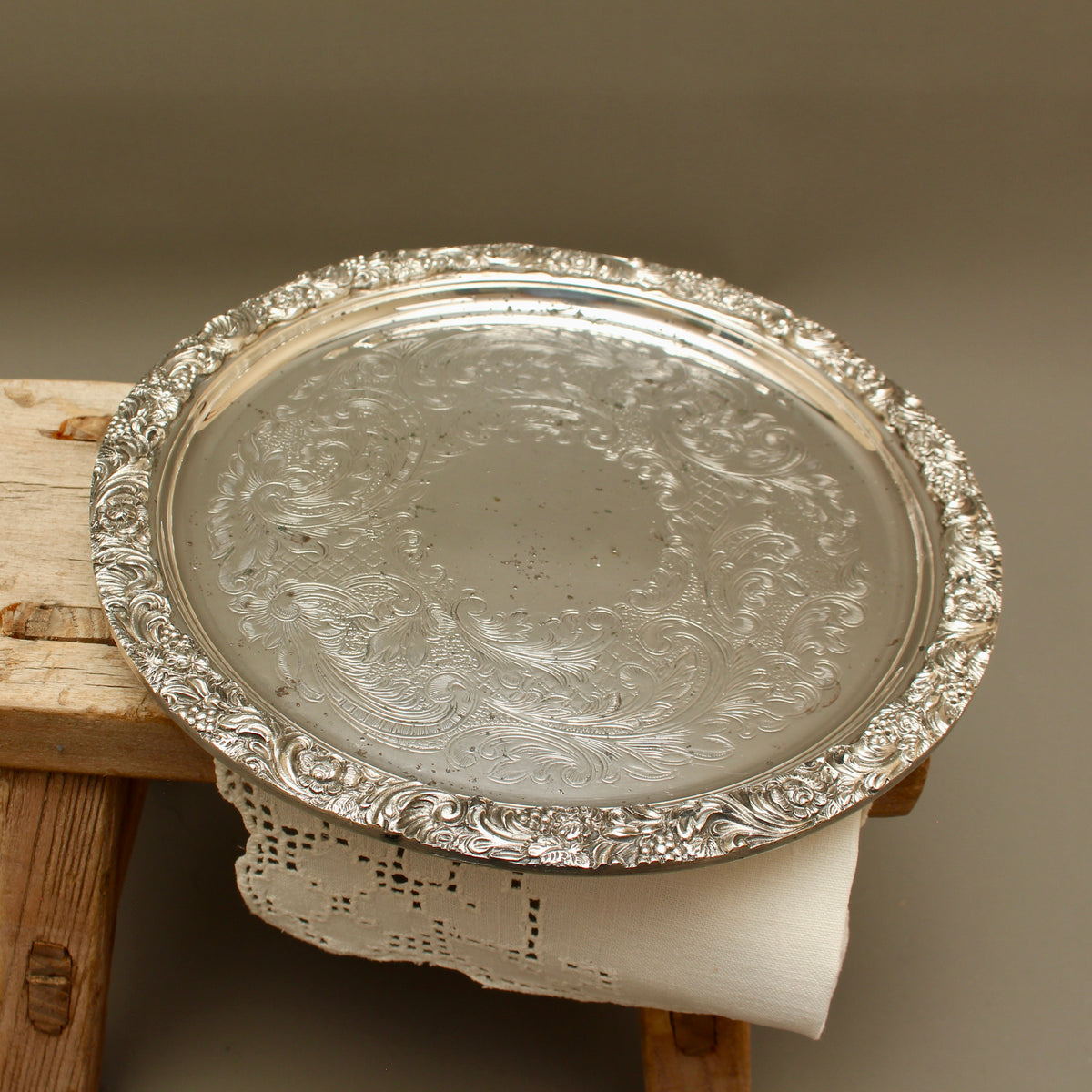 Vintage Hart's of Sheffield Silver on Copper Tray - Chased Chippendale Style Drinks Salver