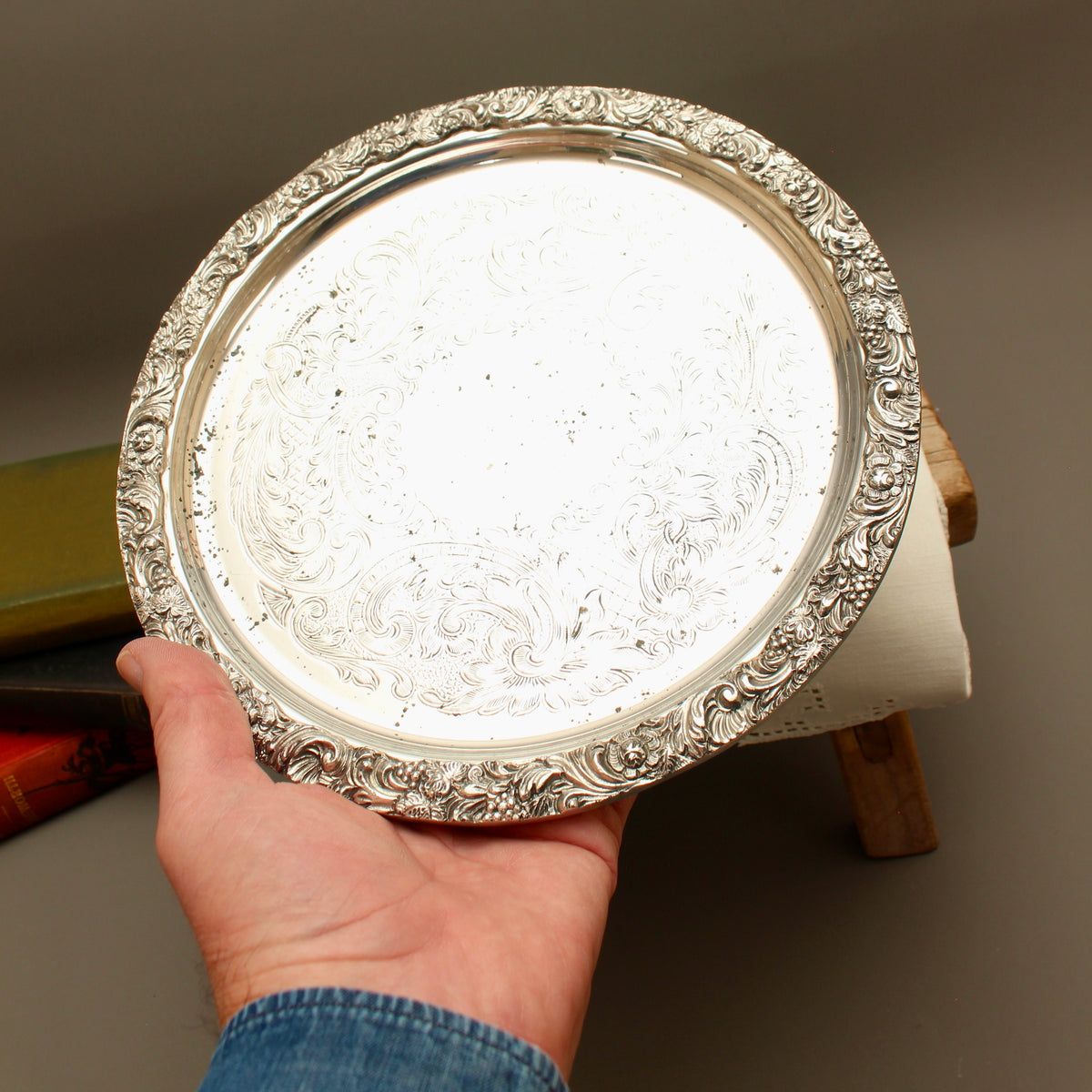 Vintage Hart's of Sheffield Silver on Copper Tray - Chased Chippendale Style Drinks Salver