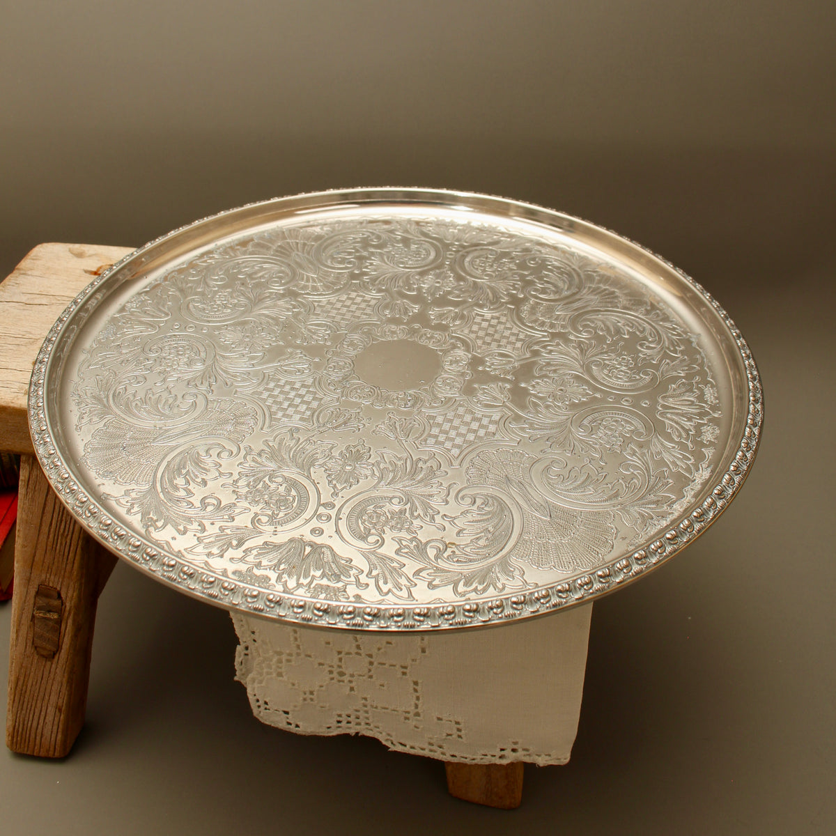 Vintage Ianthe Silver Plated Round Serving Tray - Mid-Century Chased Drinks Salver