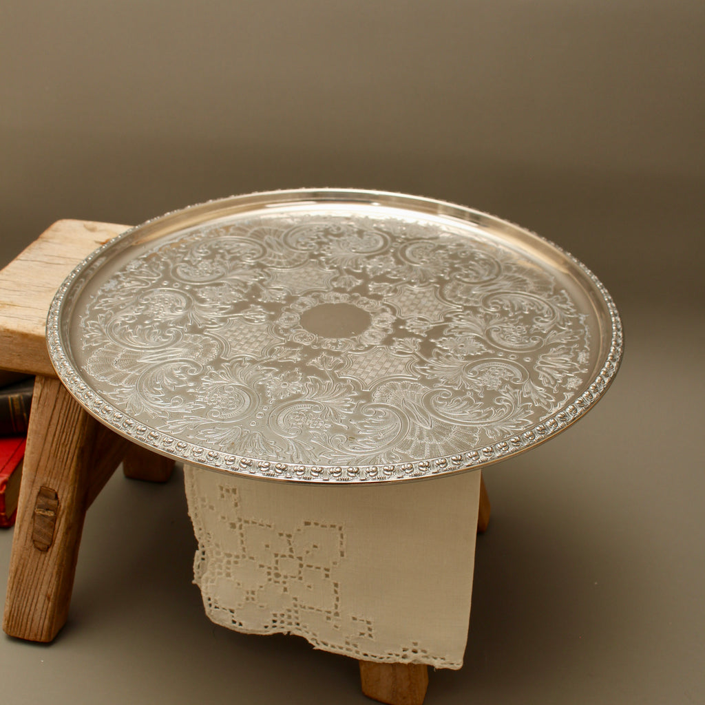 Vintage Ianthe Silver Plated Round Serving Tray - Mid-Century Chased Drinks Salver