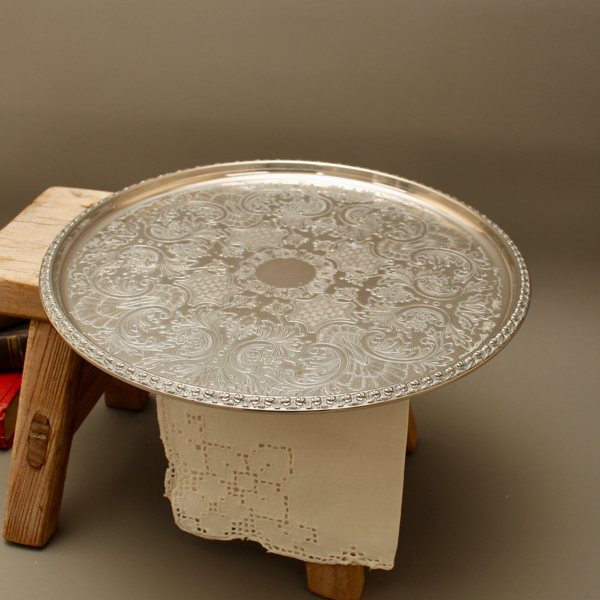 Vintage Ianthe Silver Plated Round Serving Tray - Mid-Century Chased Drinks Salver