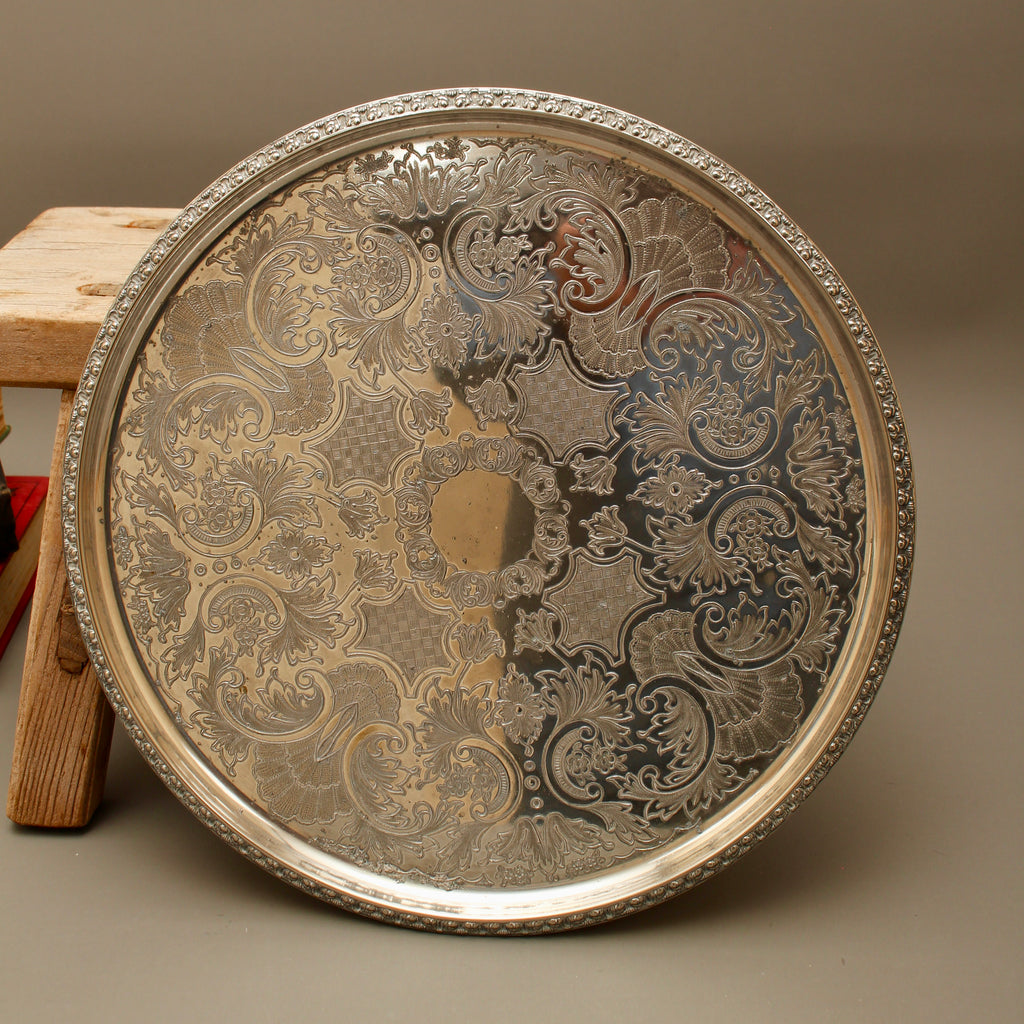Vintage Ianthe Silver Plated Round Serving Tray - Mid-Century Chased Drinks Salver