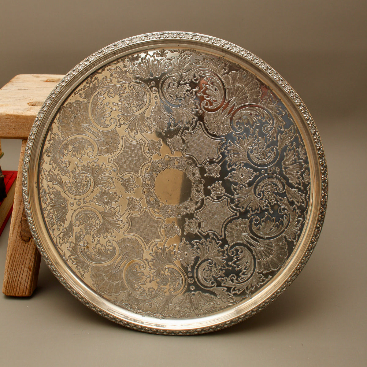 Vintage Ianthe Silver Plated Round Serving Tray - Mid-Century Chased Drinks Salver