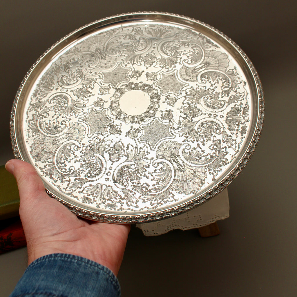 Vintage Ianthe Silver Plated Round Serving Tray - Mid-Century Chased Drinks Salver
