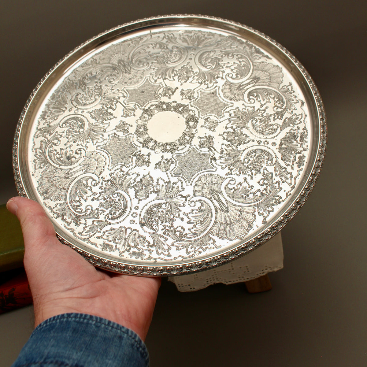 Vintage Ianthe Silver Plated Round Serving Tray - Mid-Century Chased Drinks Salver