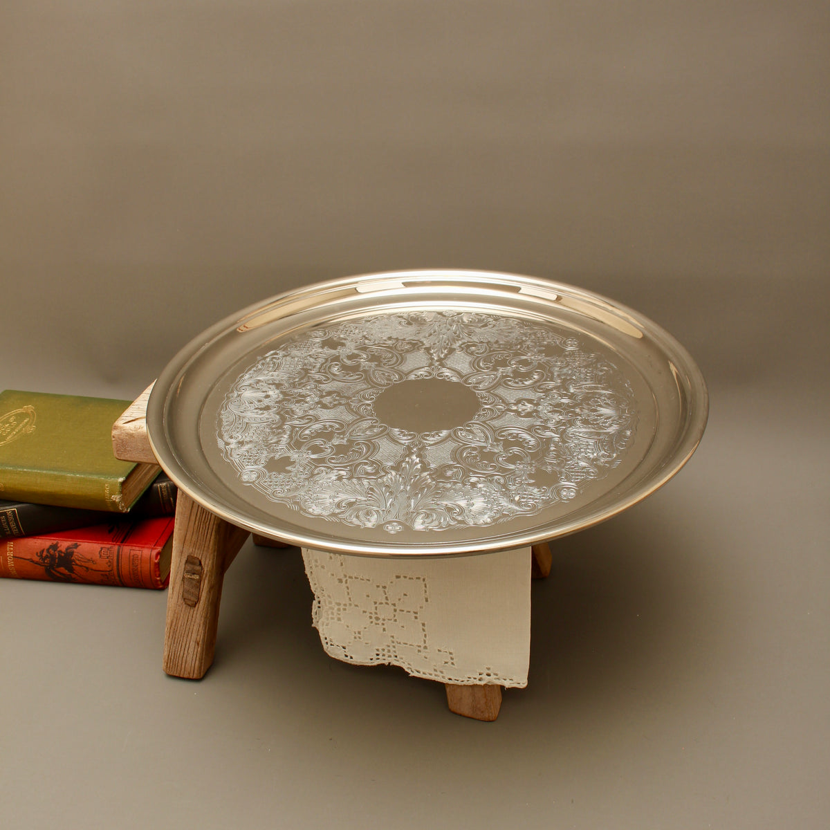Vintage Ianthe Silver Plated Round Serving Tray - Mid-Century Chased Drinks Salver