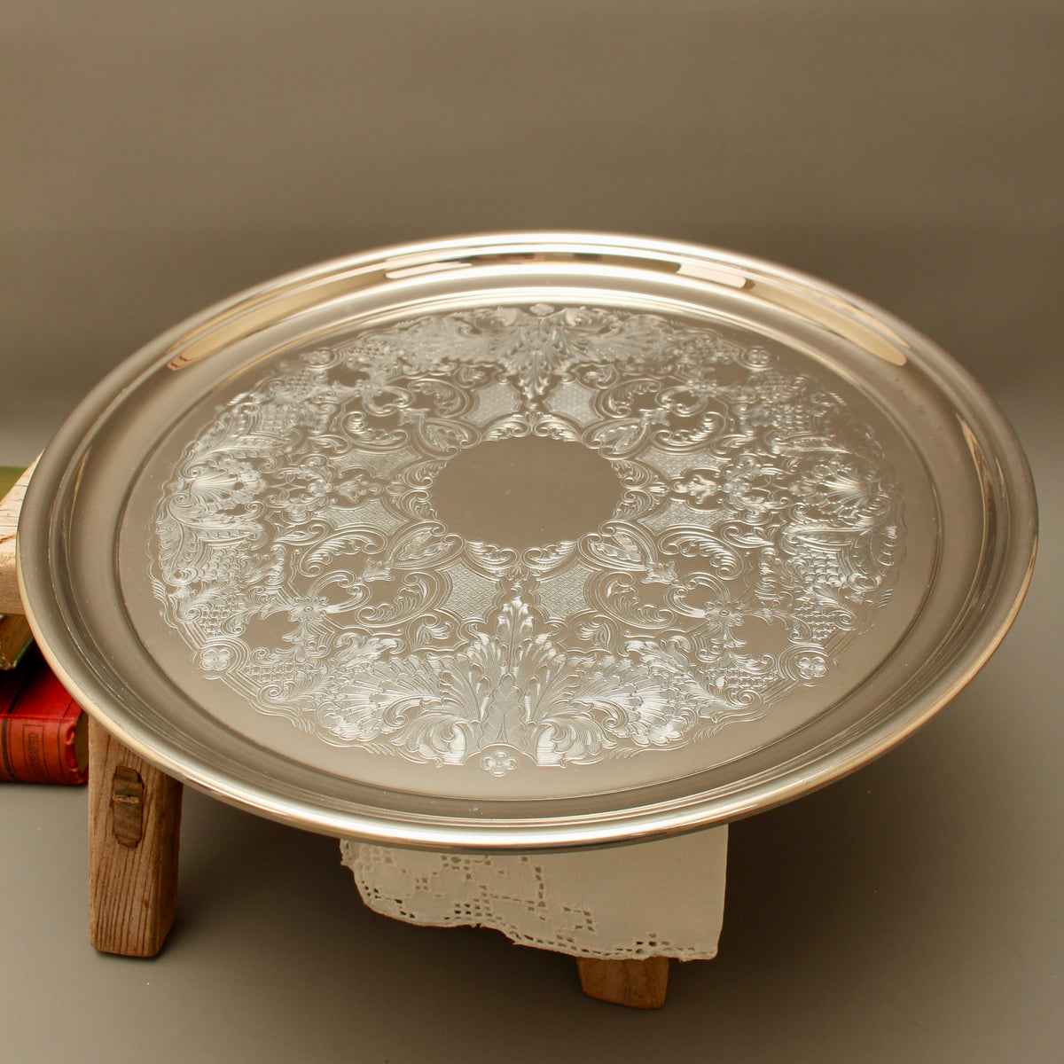 Vintage English Silver Plate on Copper Round Drinks Tray - Chased Floral Serving Salver