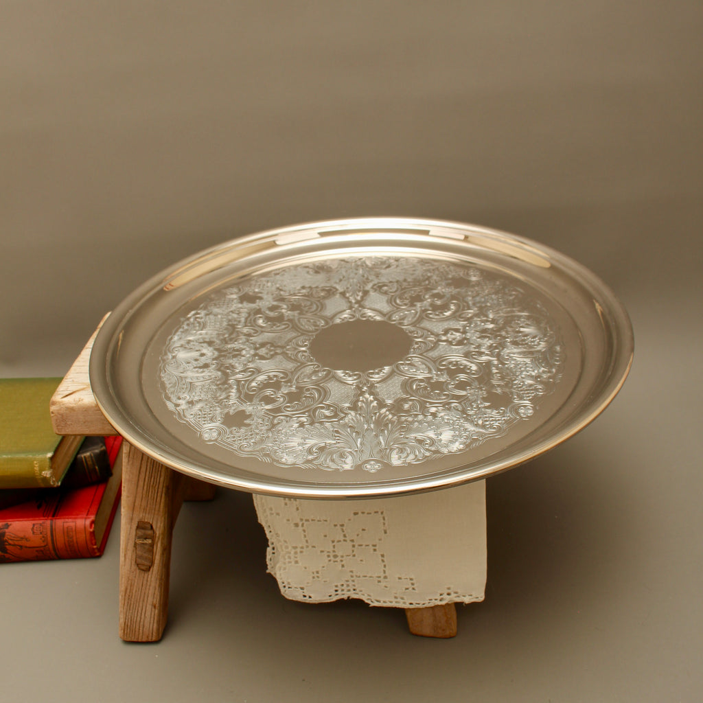 Vintage Ianthe Silver Plated Round Serving Tray - Mid-Century Chased Drinks Salver