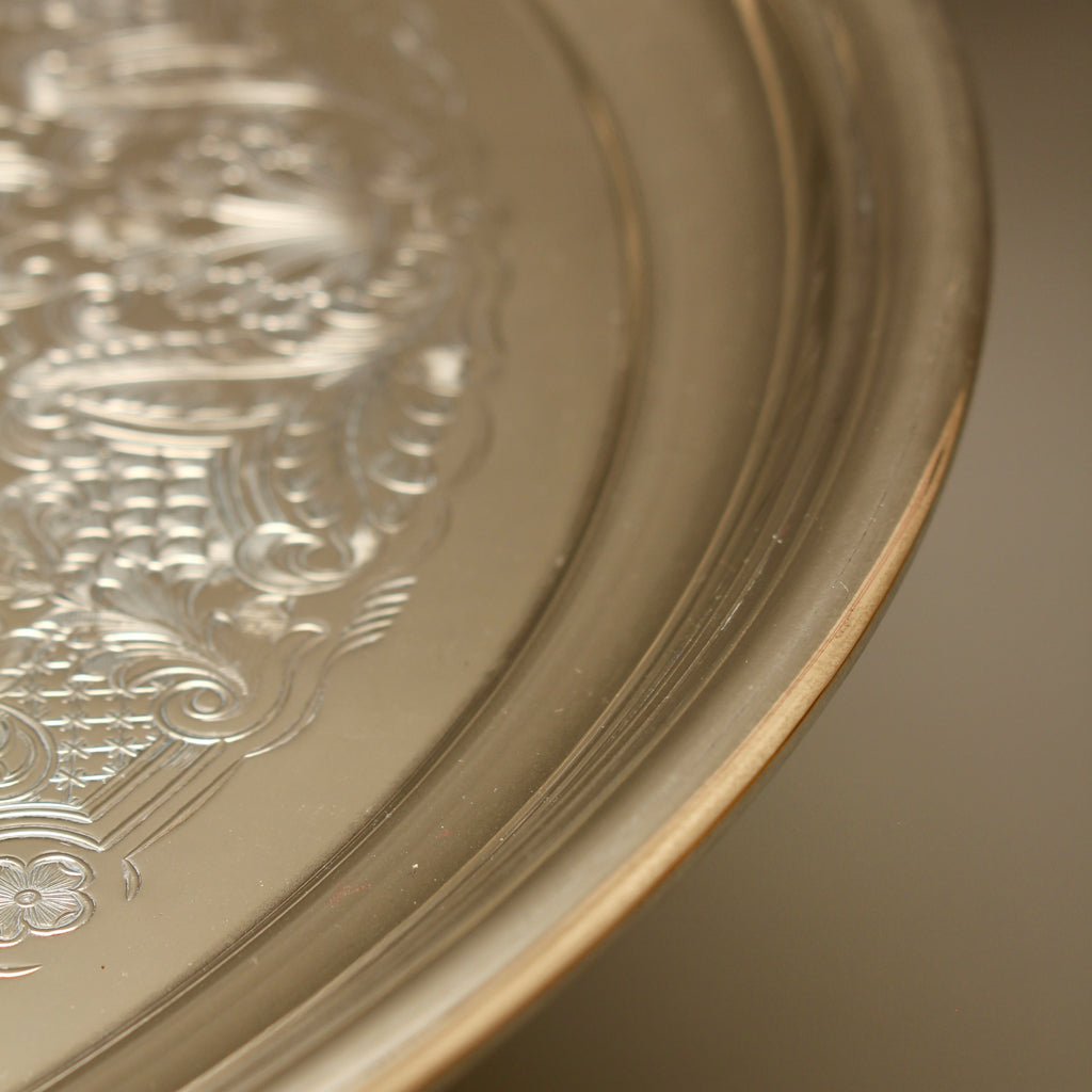 Vintage English Silver Plate on Copper Round Drinks Tray - Chased Floral Serving Salver