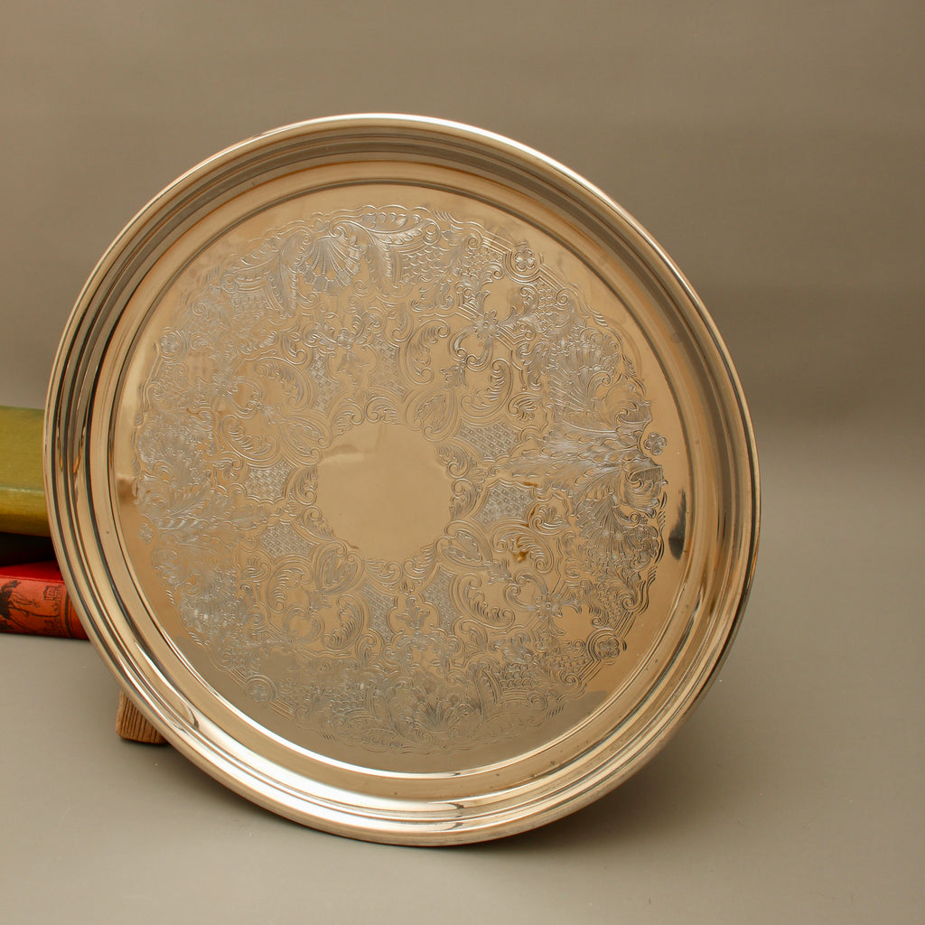 Vintage English Silver Plate on Copper Round Drinks Tray - Chased Floral Serving Salver