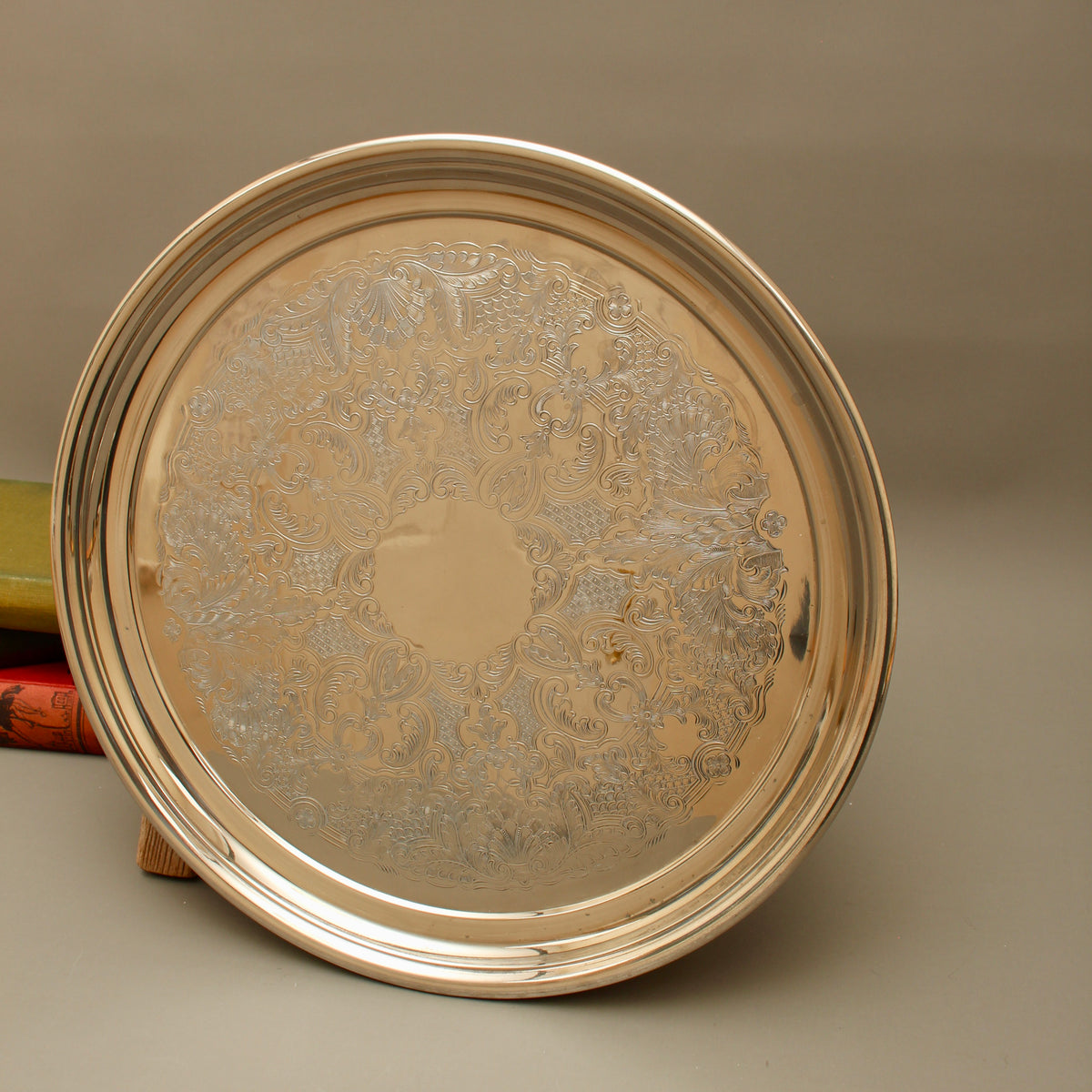 Vintage English Silver Plate on Copper Round Drinks Tray - Chased Floral Serving Salver
