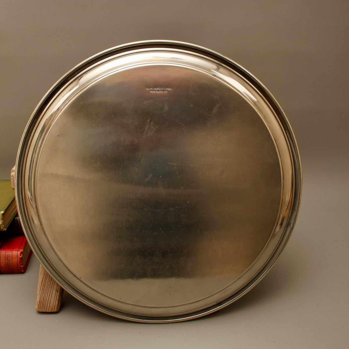 Vintage English Silver Plate on Copper Round Drinks Tray - Chased Floral Serving Salver