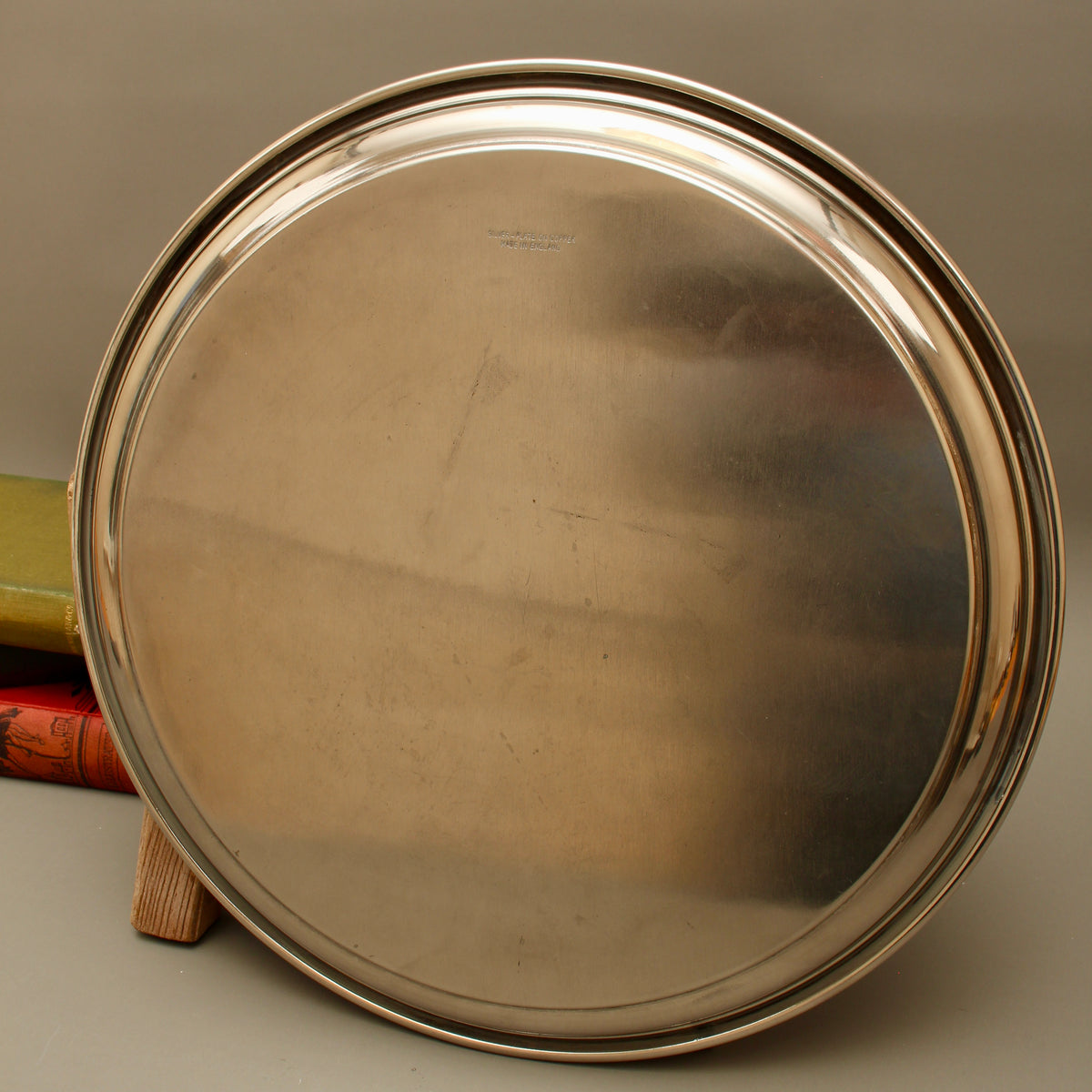 Vintage English Silver Plate on Copper Round Drinks Tray - Chased Floral Serving Salver