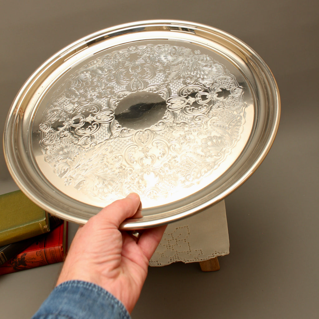 Vintage English Silver Plate on Copper Round Drinks Tray - Chased Floral Serving Salver