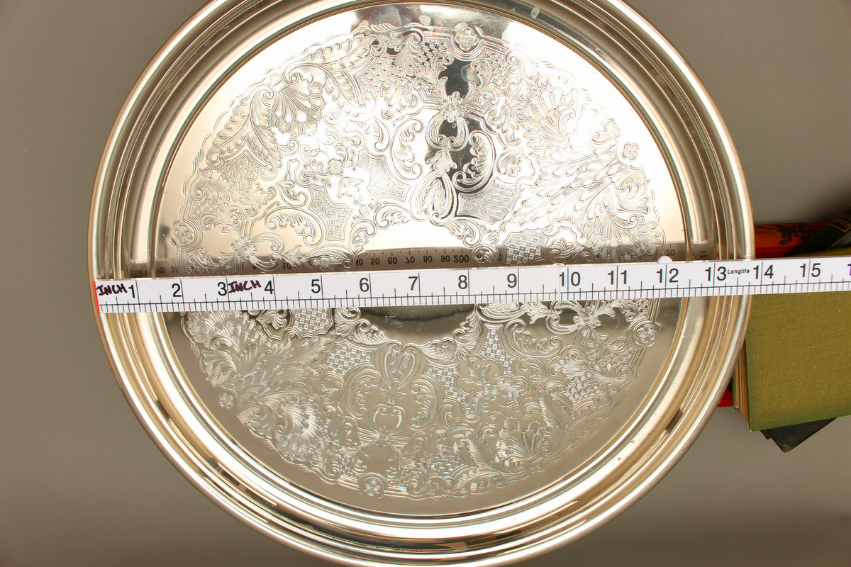 Vintage English Silver Plate on Copper Round Drinks Tray - Chased Floral Serving Salver