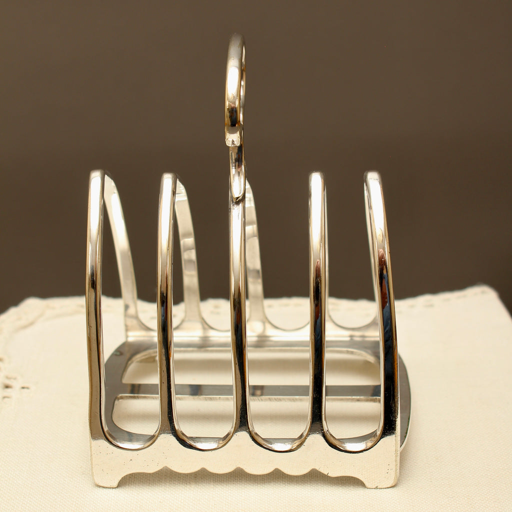 Antique John Biggin Ltd Sheffield Silver Plated Toast Rack - 4-Slot Scalloped Base Letter Organizer (c.1910)
