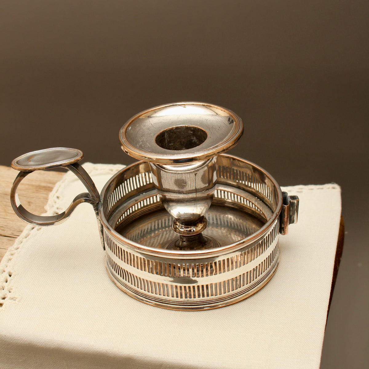 Antique Silver Plate on Copper Pierced Gallery Chamberstick - Victorian Candle Holder