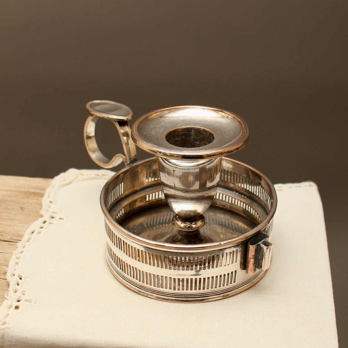 Antique Silver Plate on Copper Pierced Gallery Chamberstick - Victorian Candle Holder
