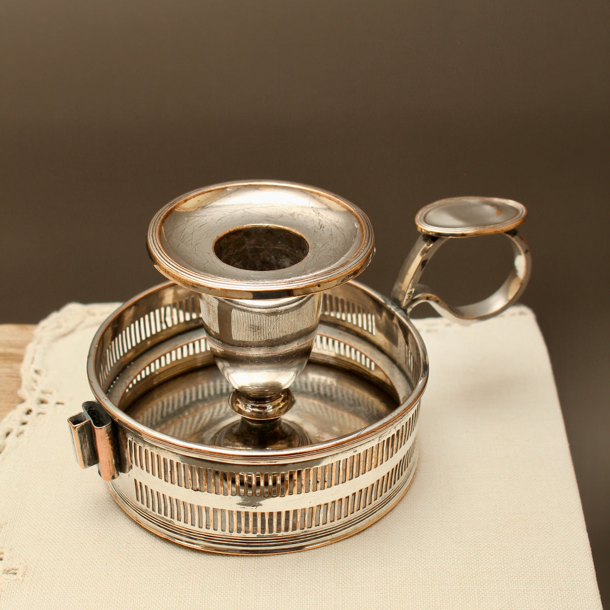 Antique Silver Plate on Copper Pierced Gallery Chamberstick - Victorian Candle Holder