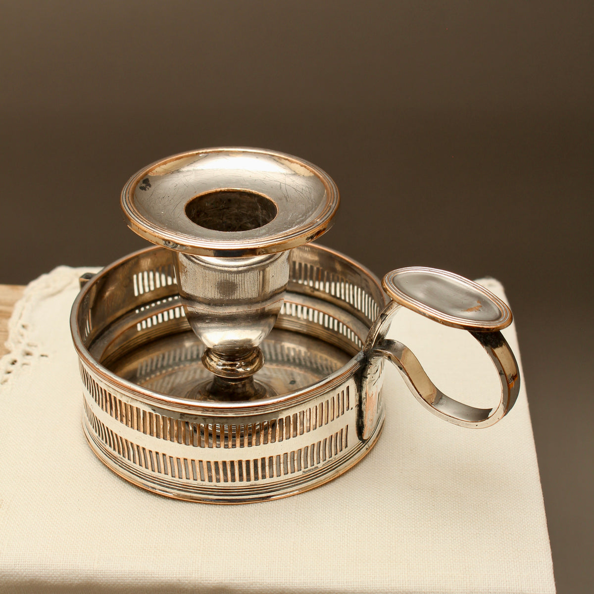 Antique Silver Plate on Copper Pierced Gallery Chamberstick - Victorian Candle Holder