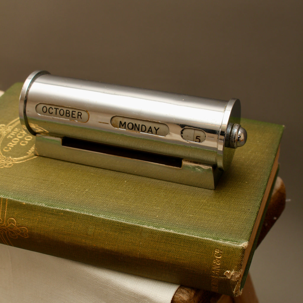 Mid-Century Chrome Cylinder Perpetual Desk Calendar | 1950s Metal Roller Calendar