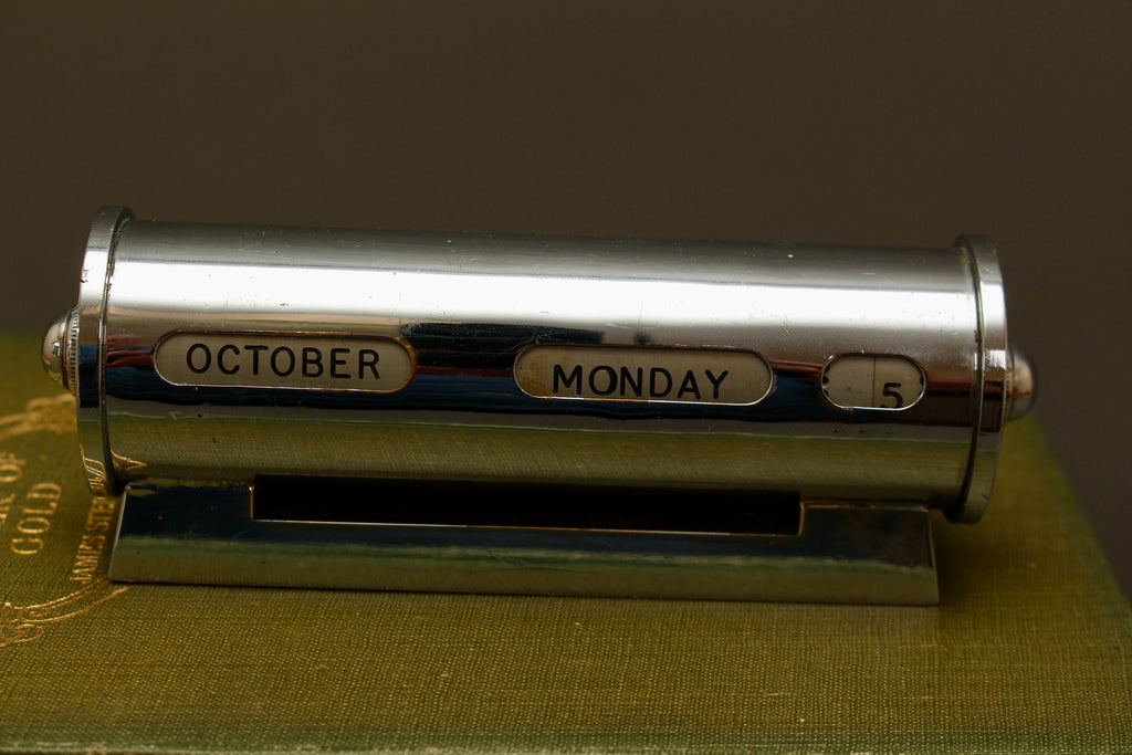 Mid-Century Chrome Cylinder Perpetual Desk Calendar | 1950s Metal Roller Calendar