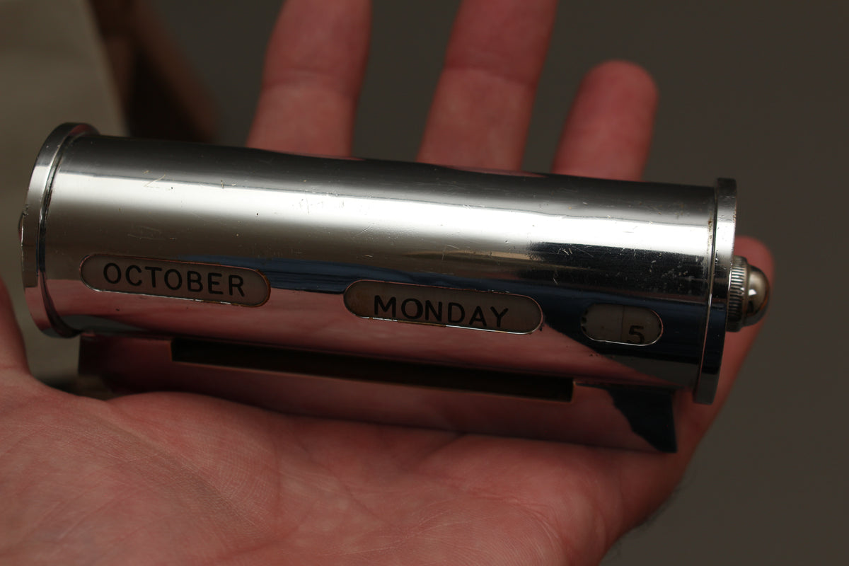 Mid-Century Chrome Cylinder Perpetual Desk Calendar | 1950s Metal Roller Calendar