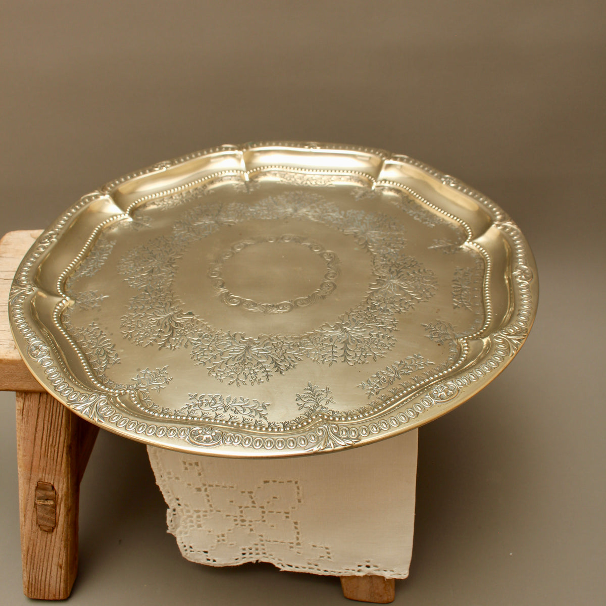 Antique Harrison Brothers Birmingham Silver Plated 12-Inch Salver | Chased Grapevine Tray