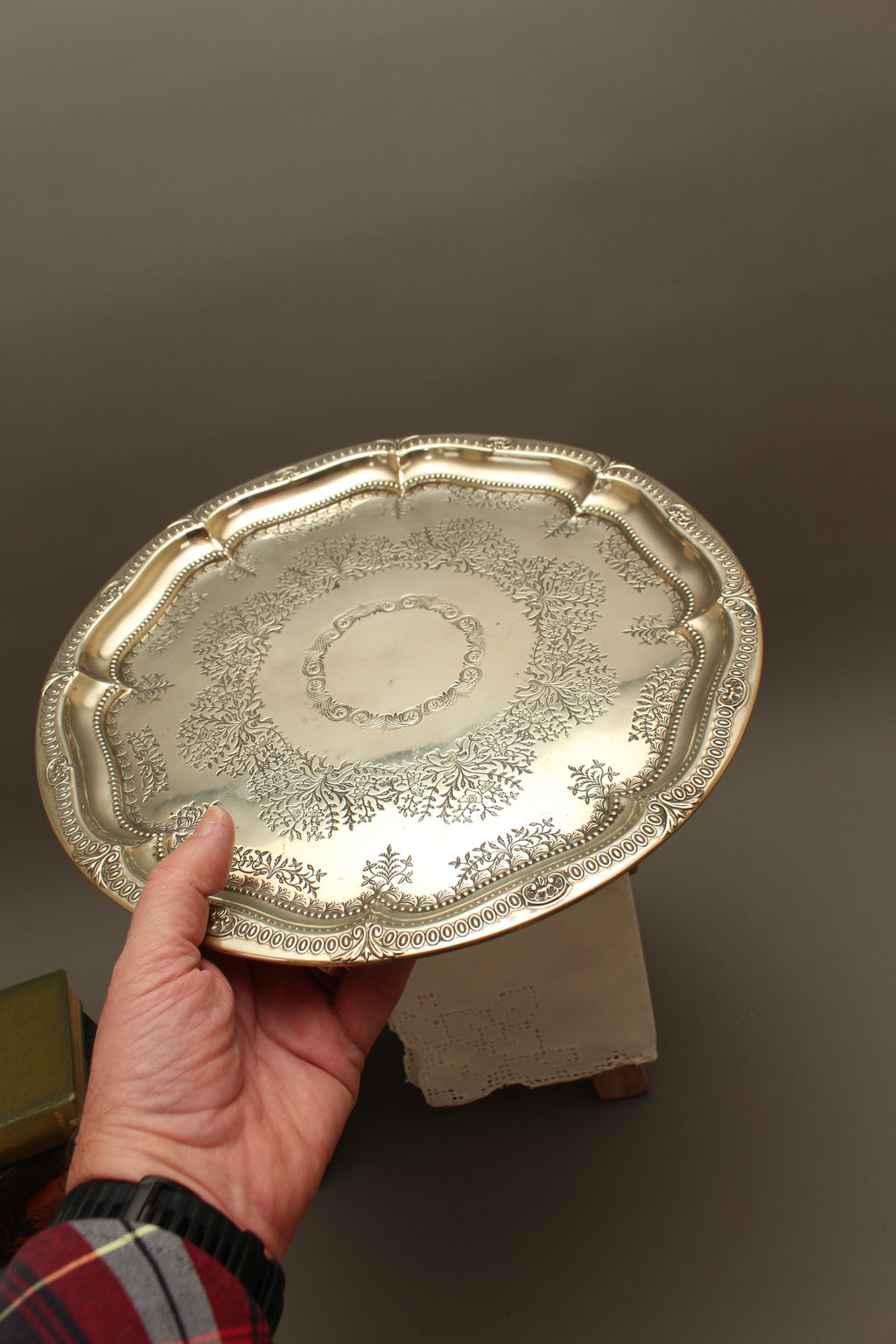 Antique Harrison Brothers Birmingham Silver Plated 12-Inch Salver | Chased Grapevine Tray