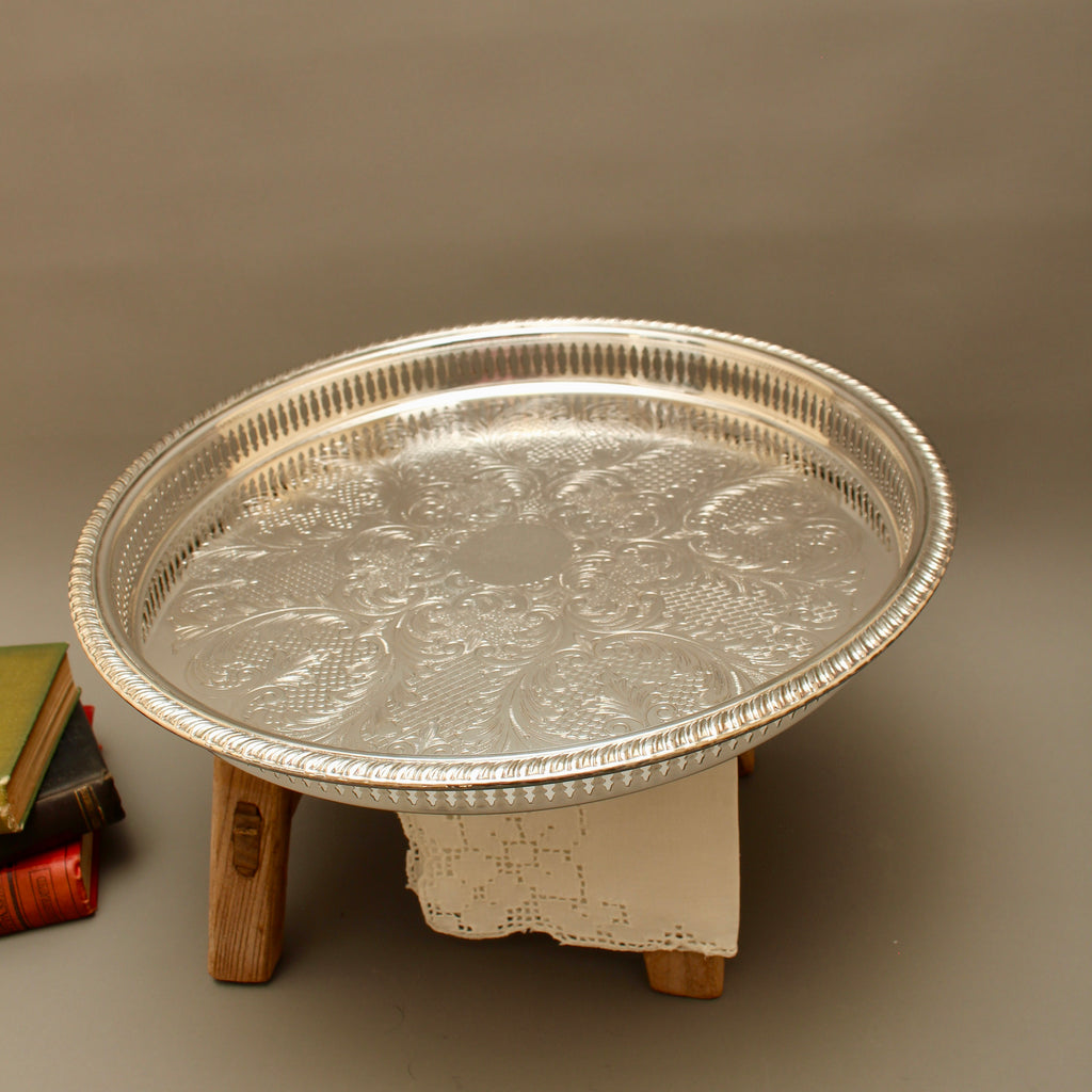 Pristine Boxed 14-Inch Vintage Cavalier Silver Plated Pierced Gallery Tray