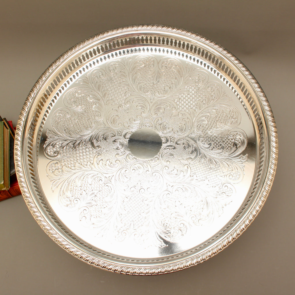 Pristine Boxed 14-Inch Vintage Cavalier Silver Plated Pierced Gallery Tray